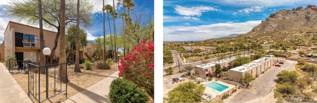 Show two photos of the property. Left image is ground level showing exterior of apartment unit surrounded by foliage. Right image is an aerial photo showing the pool and mountain views. 