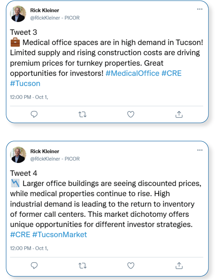 Tweet 3: Medical office spaces are in high demand in Tucson! Limited supply and rising construction costs are driving premium prices for turnkey properties. Great opportunities for investors! #MedicalOffice #CRE #Tucson Tweet 4: Larger office buildings are seeing discounted prices, while medical properties continue to rise. High industrial demand is leading to the return to inventory of former call centers. This market dichotomy offers unique opportunities for different investor strategies. #CRE #TucsonMarket 