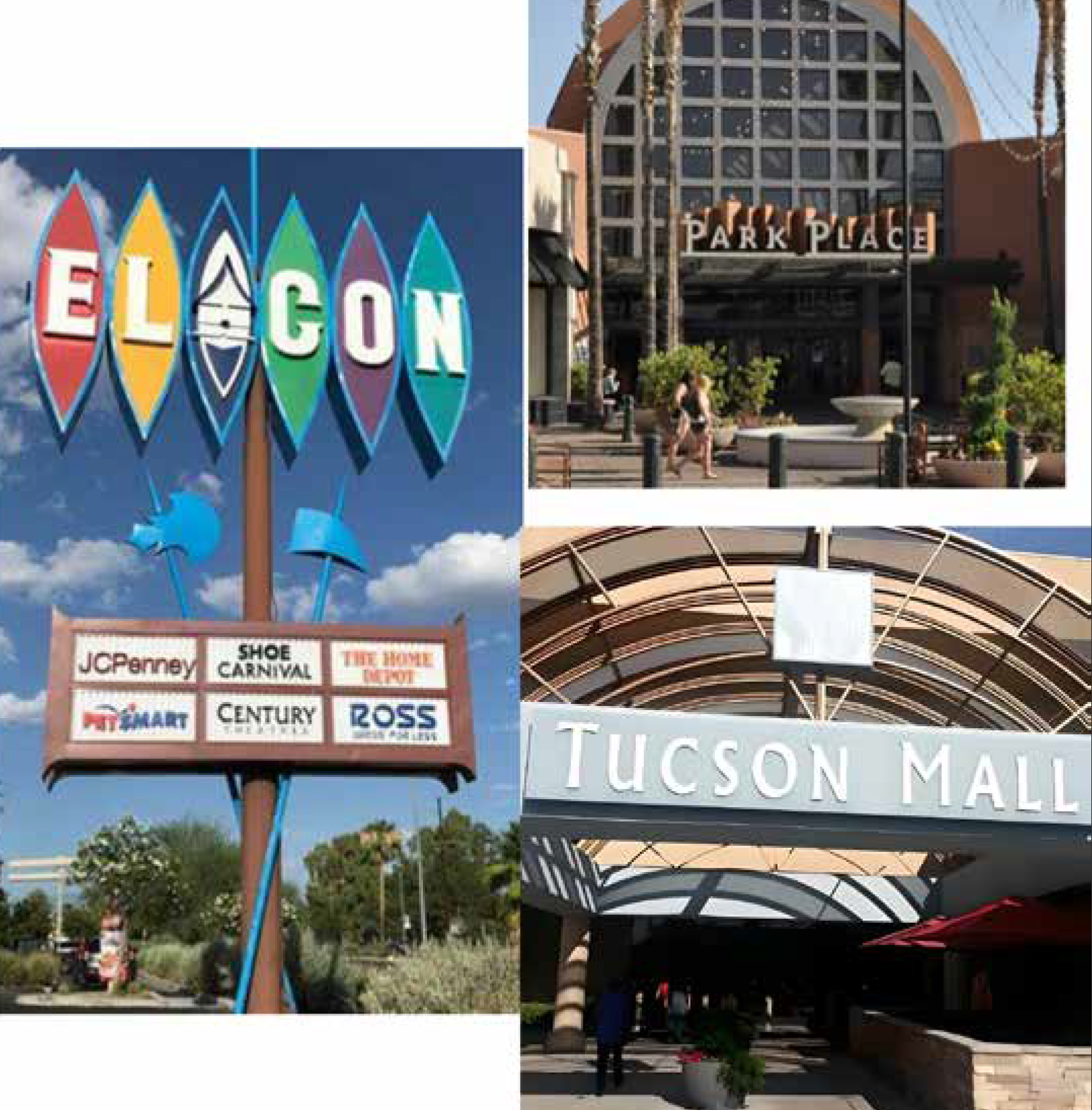 Photo collage of the Tucson mall signs: El Con, Park Place, and Tucson Mall