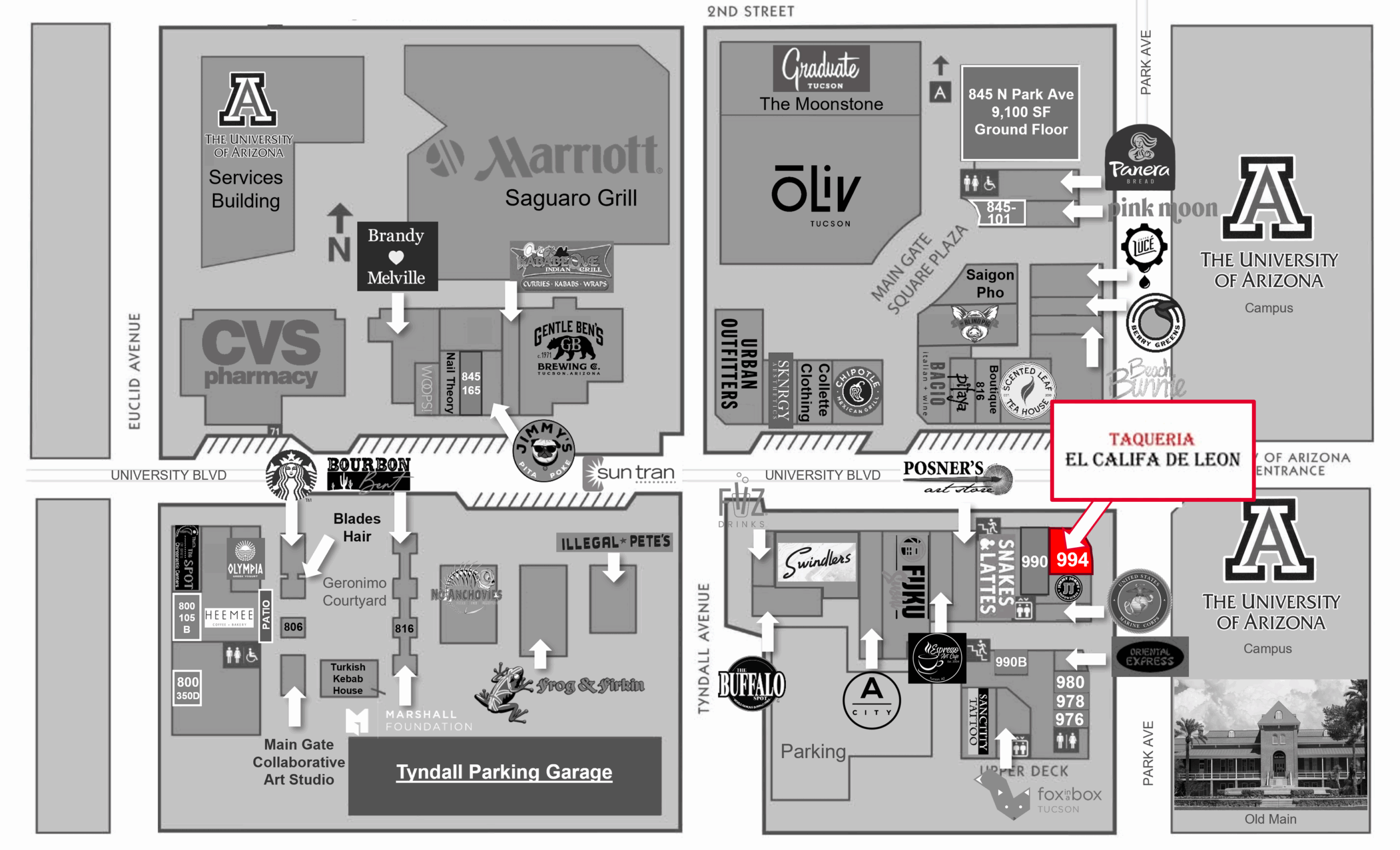 Map of Main Gate Square pointing to 994 E University Blvd
