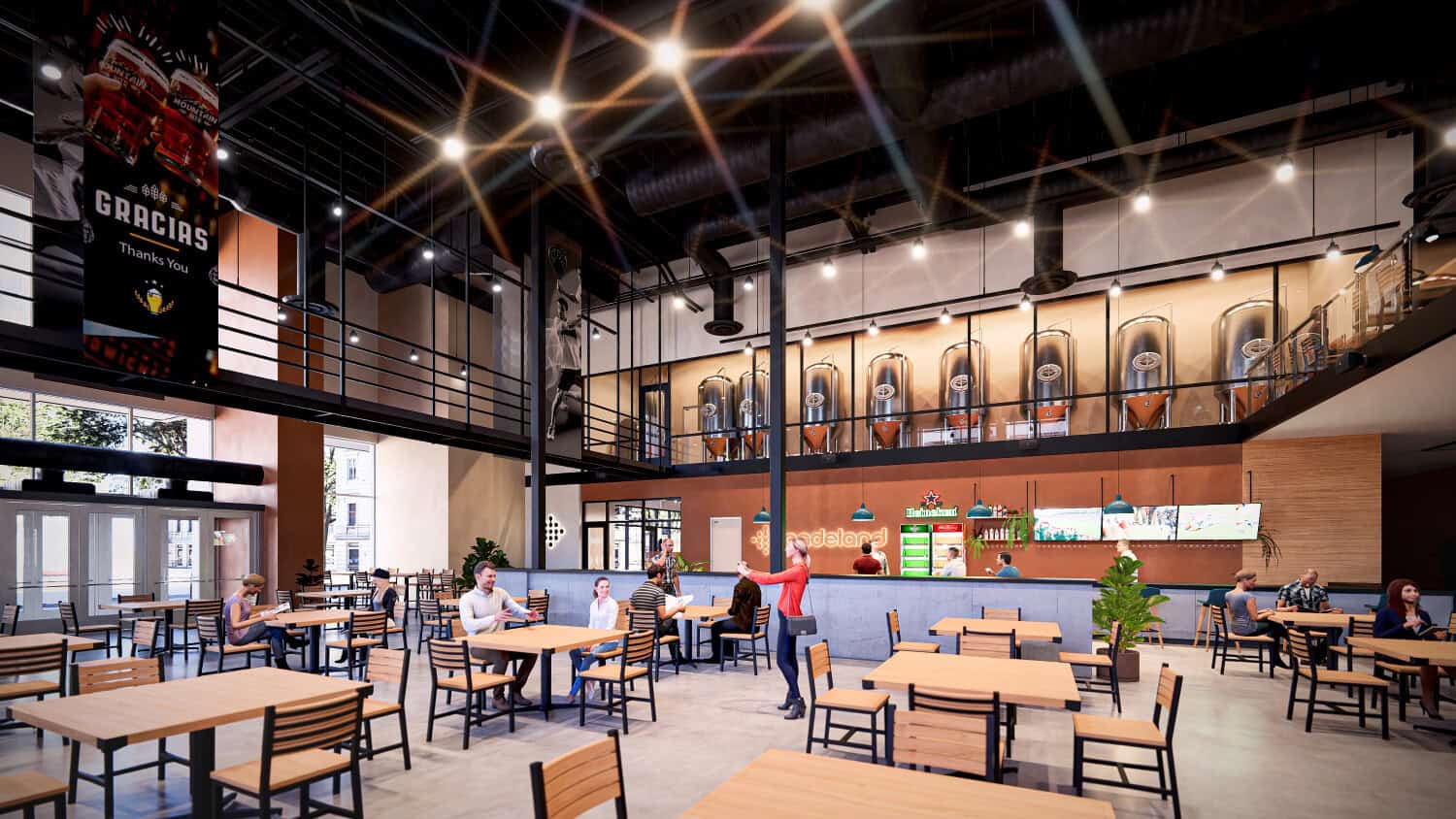 Rendering of indoor dining area with brewery tanks and people.