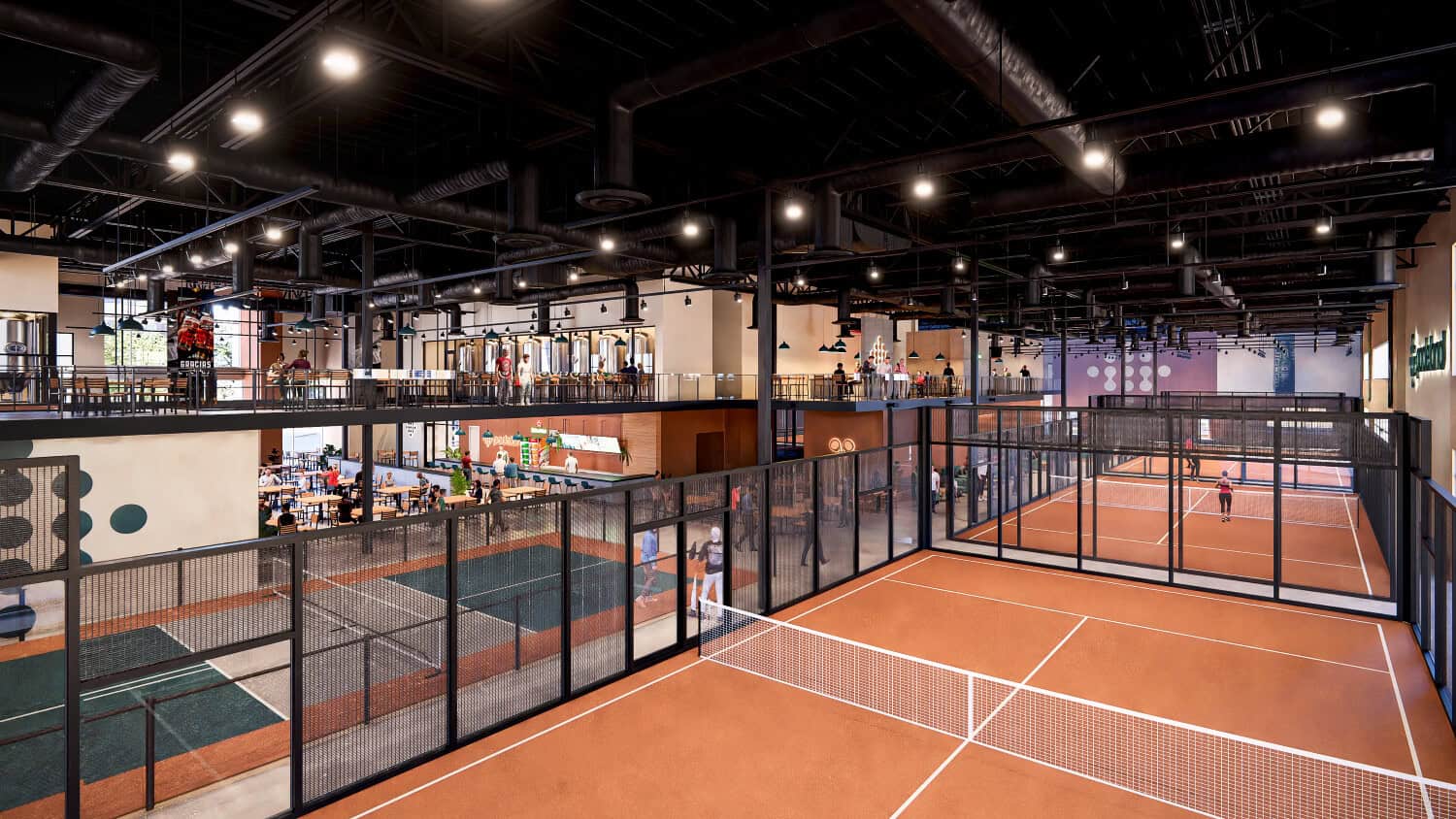 Rendering of indoor padel courts with bright lighting and spectator area.