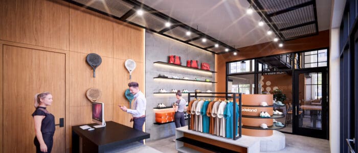 Rendering of modern pro shop with sports gear and clothing.