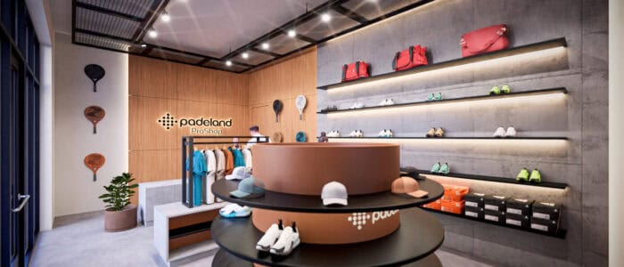 Rendering of modern pro shop with sports gear and clothing.