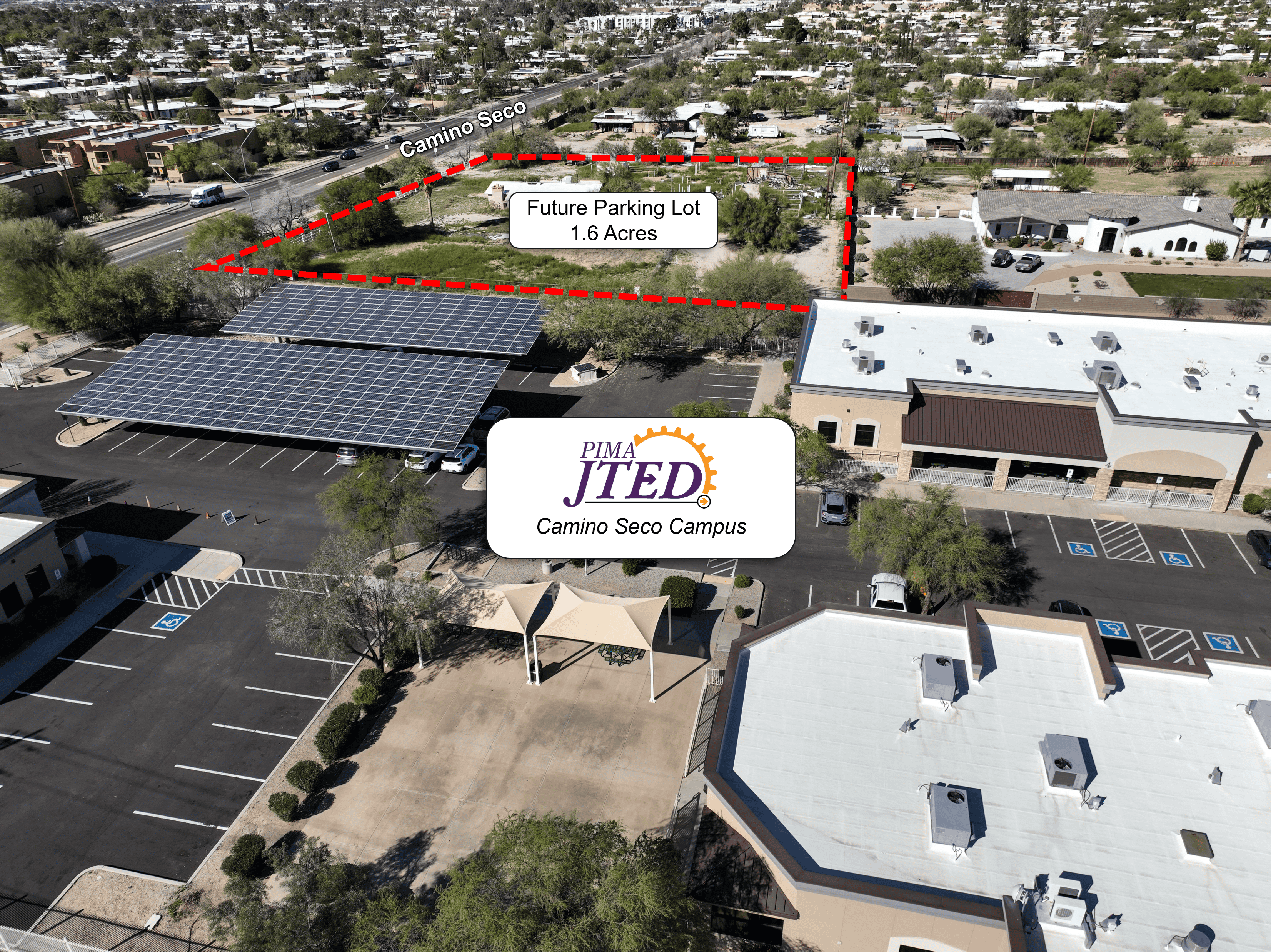 Aerial view of Pima JTED Camino Seco Campus and future 1.6-acre parking lot