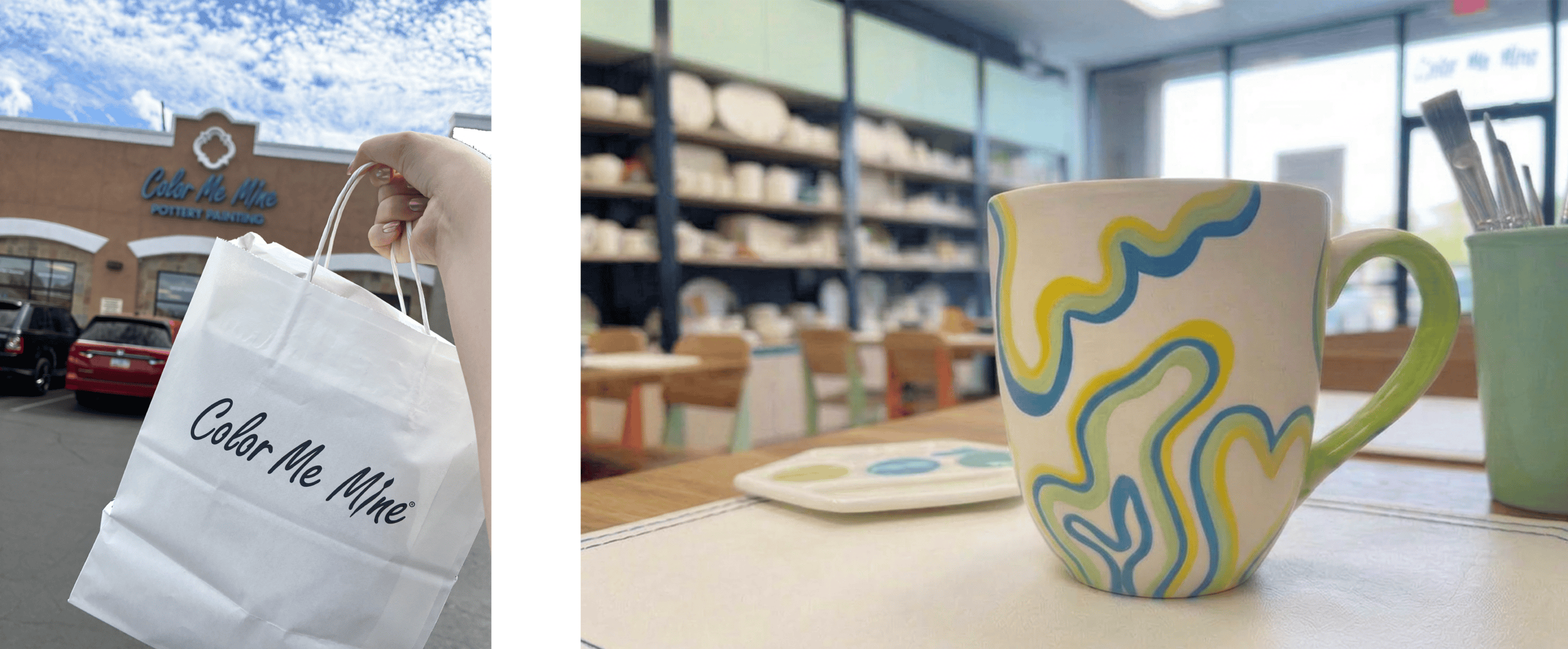 Two images, one showing a color me mine shopping bag, and the other showing a finished hand painted mug. 